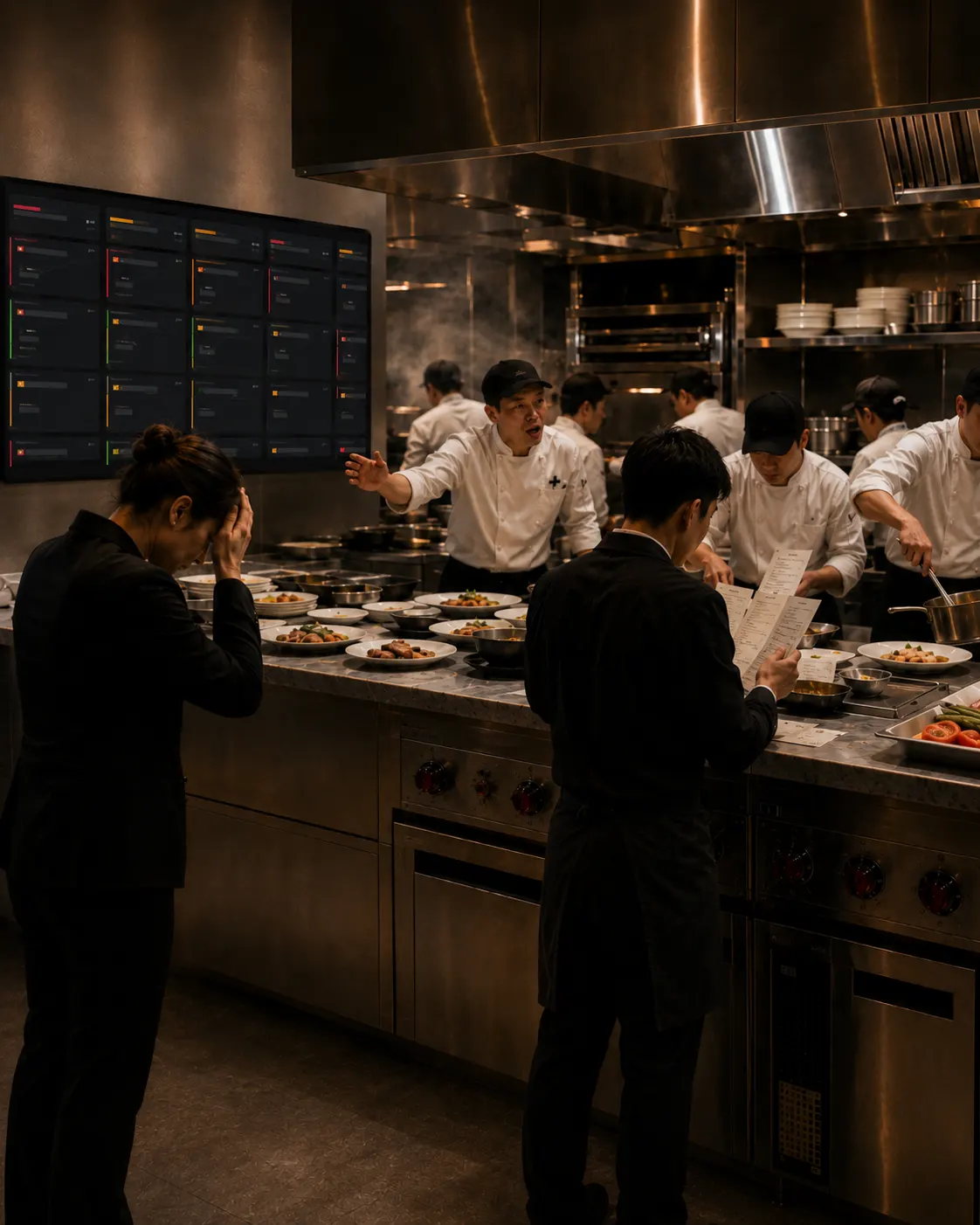 Cocina de restaurante en hora pico con equipo bajo presión y pantalla KDS visible